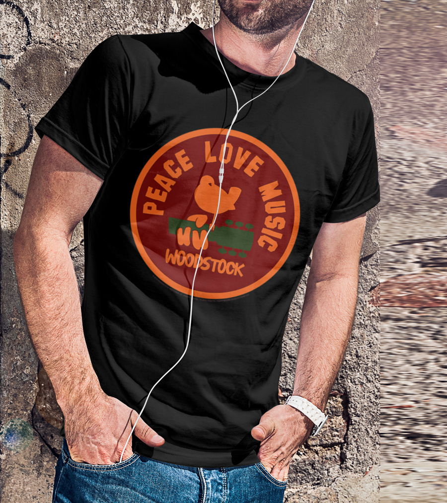 Peace Love Music Woodstock Bird Guitar T-Shirt