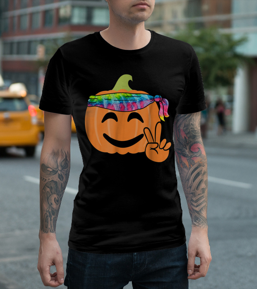 Hippie Tie Dye Pumpkin Jack O Lantern Peace Sign T-Shirt