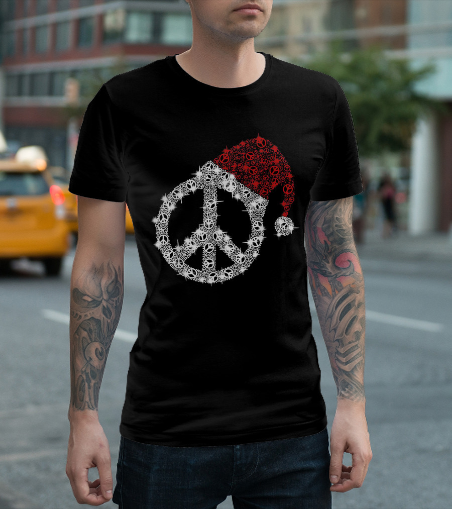 Hippie Merry Christmas Peace Sign Santa Claus Hat Dinamond T-Shirt
