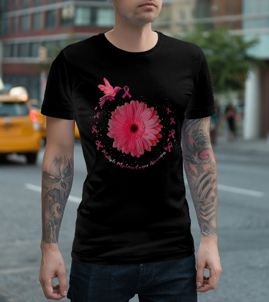 Multiple Myeloma Cancer Awareness Hummingbird Pink Ribbon Flower T-Shirt