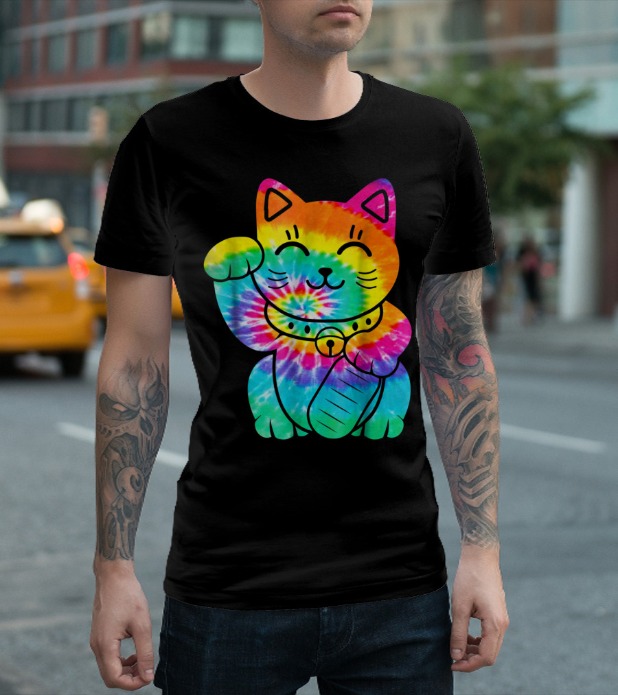 Maneki Neko Tie Dye Rainbow Trippy Hippie T-Shirt
