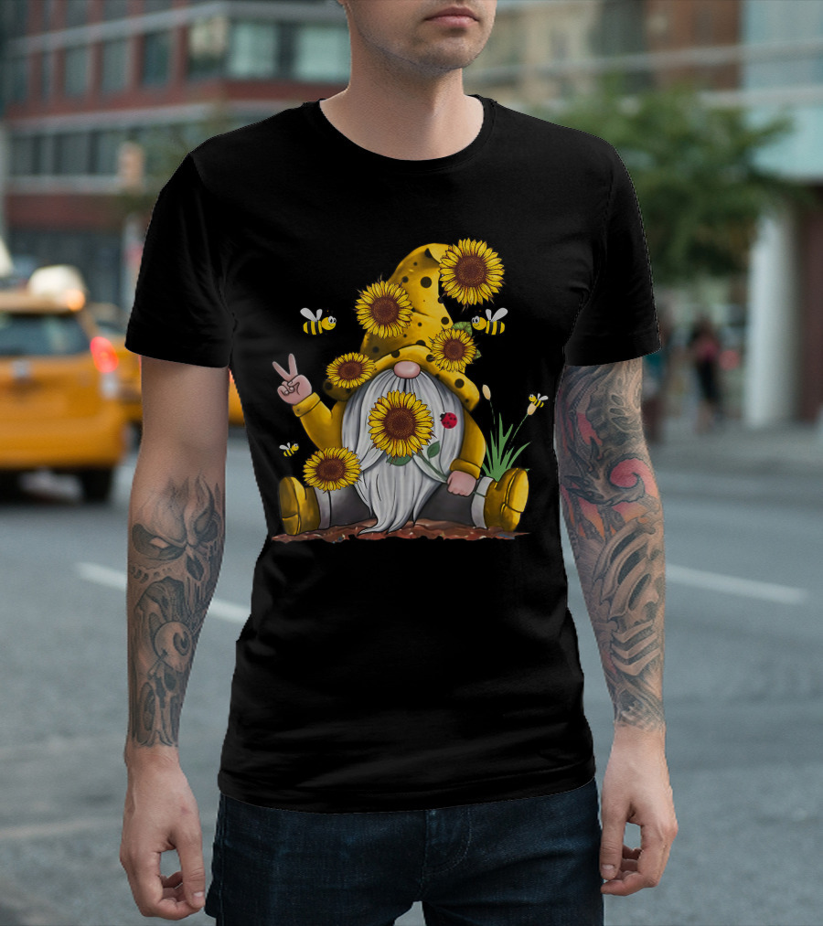 Bee Sunflower Peace Gnome with Ladybug and Bees T-Shirt