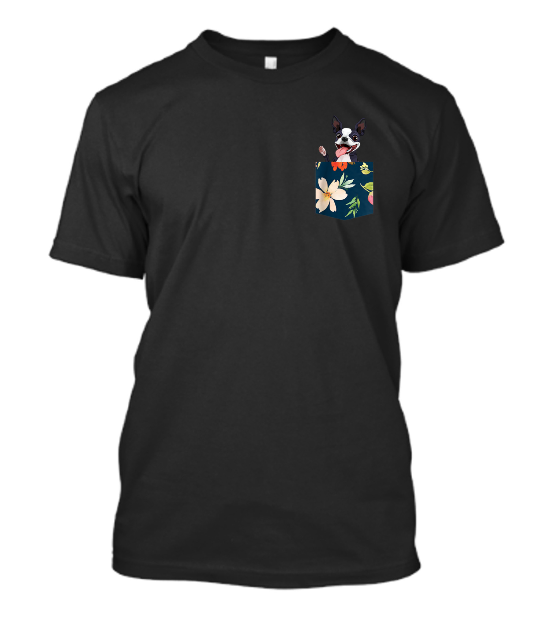 Cute Boston Terrier With Faux Floral Pocket T-Shirt