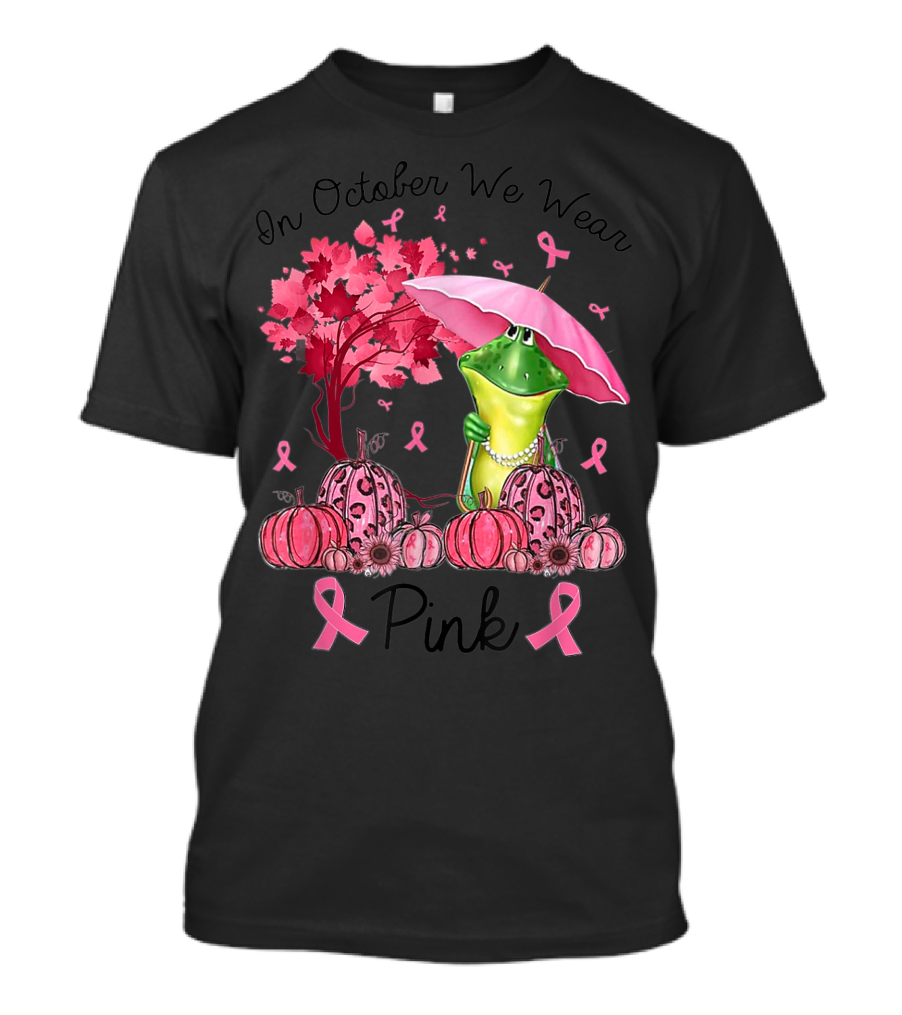 In October We Wear Pink Frog With Umbrella And Pumpkins Breast Cancer Awareness T-Shirt