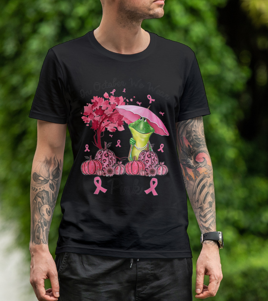 In October We Wear Pink Frog With Umbrella And Pumpkins Breast Cancer Awareness T-Shirt