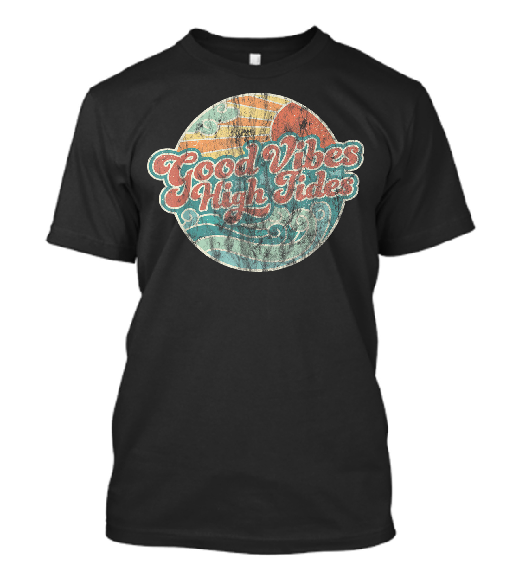 Good Vibes High Tides 60s Faded Summer Retro Ocean Surf T-Shirt