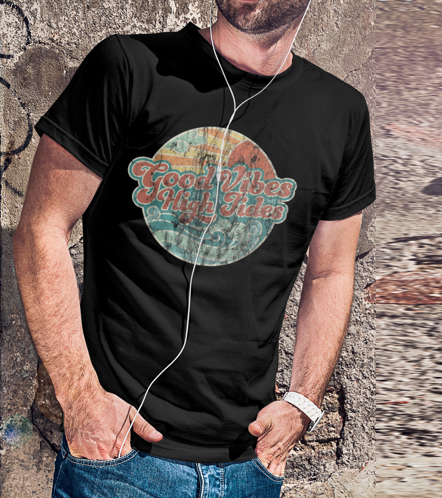 Good Vibes High Tides 60s Faded Summer Retro Ocean Surf T-Shirt