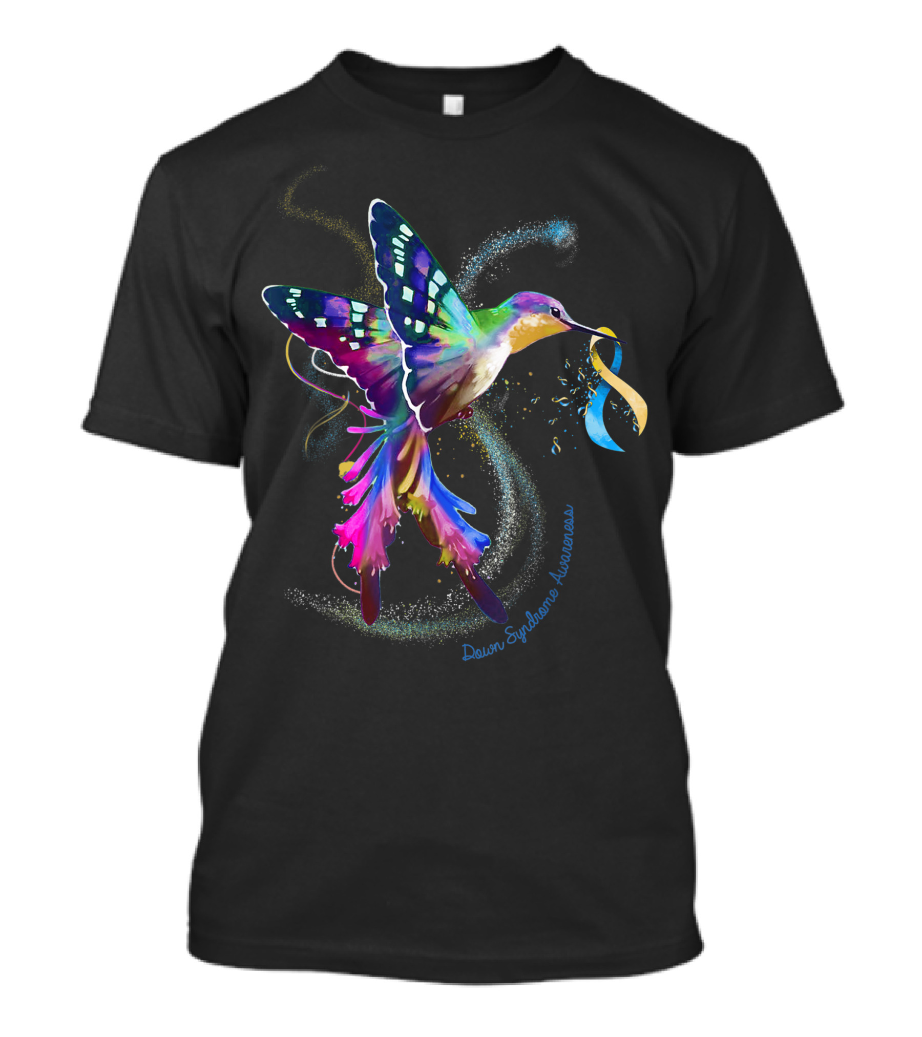 Hummingbird With Blue And Yellow Ribbon Down Syndrome Awareness T-Shirt