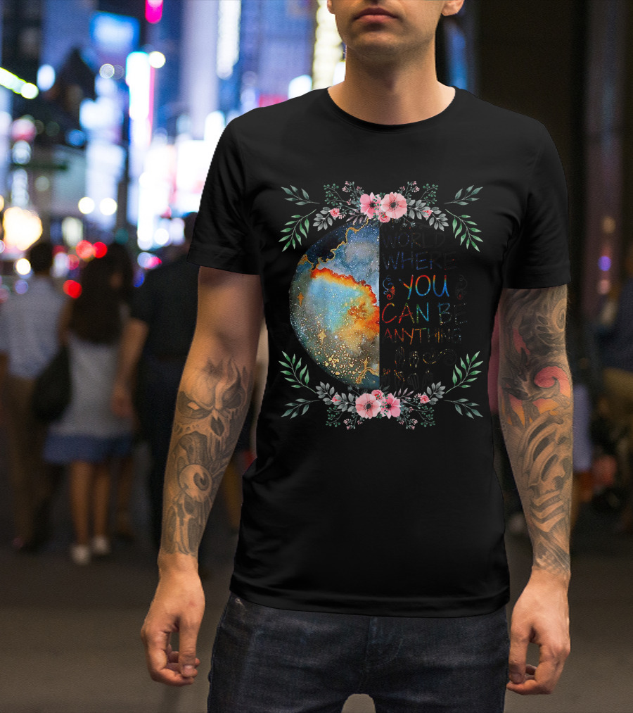 In A World Where You Can Be Anything Be Kind Sign Language Floral Galaxy T-Shirt