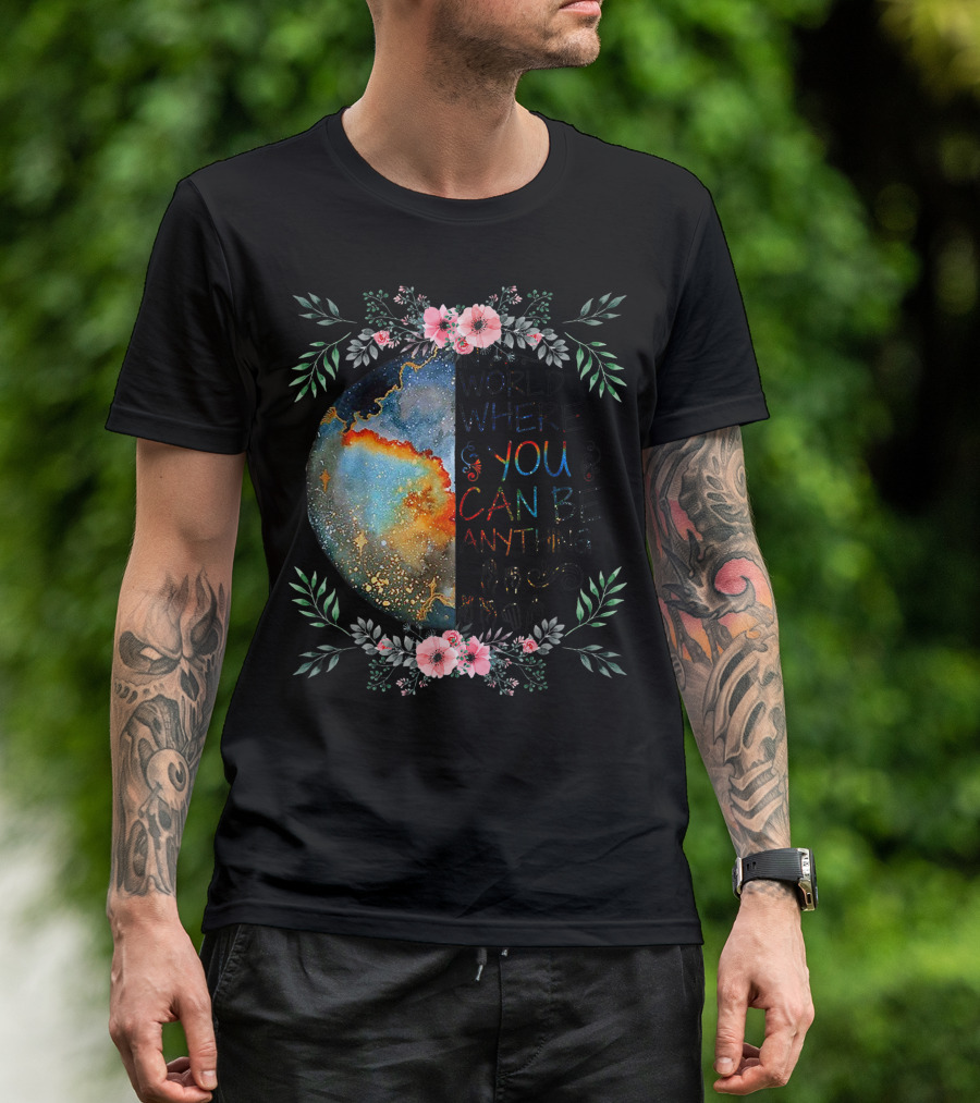 In A World Where You Can Be Anything Be Kind Sign Language Floral Galaxy T-Shirt