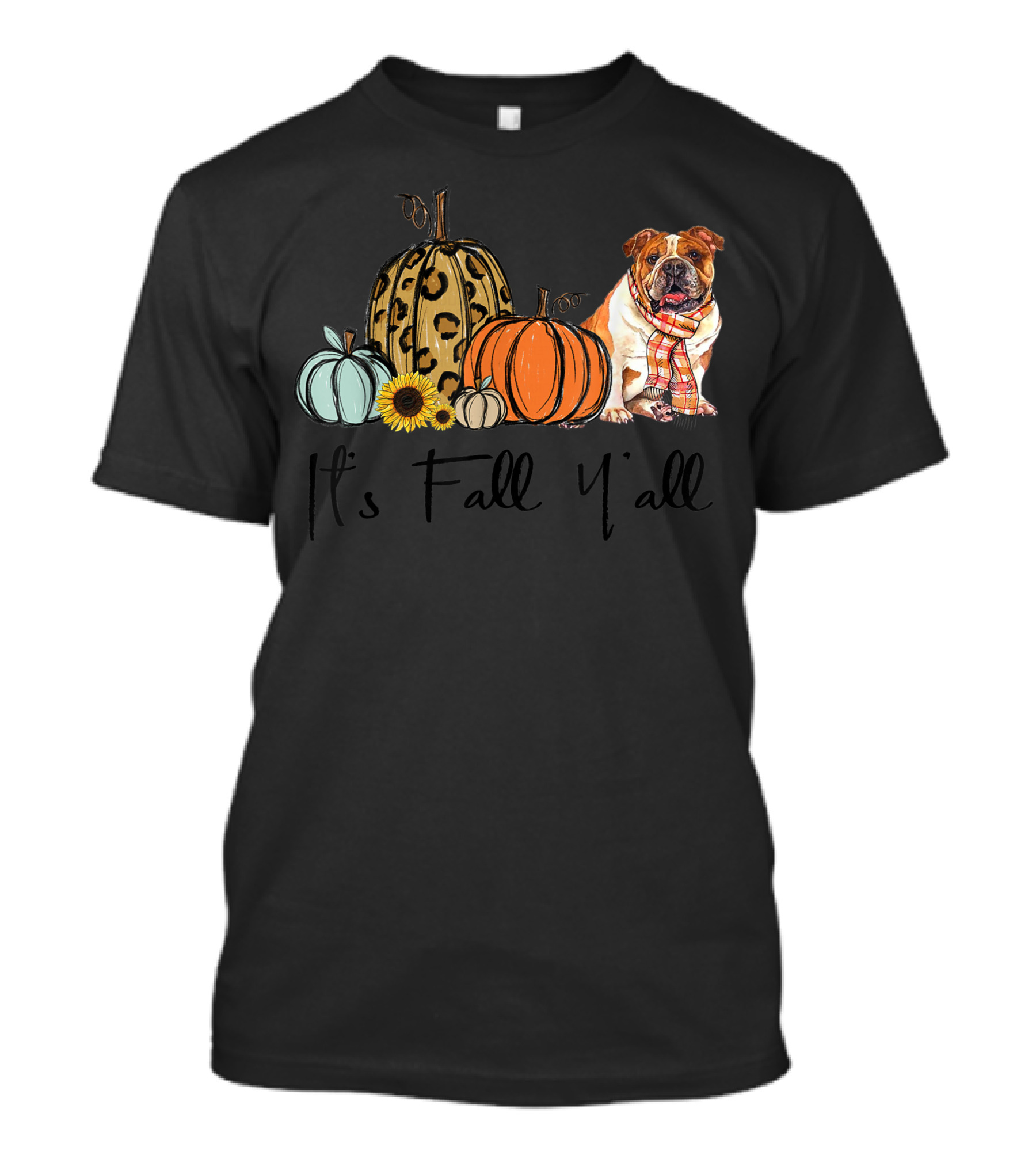 Its Fall Yall Bulldog With Leopard And Orange Pumpkins T-Shirt