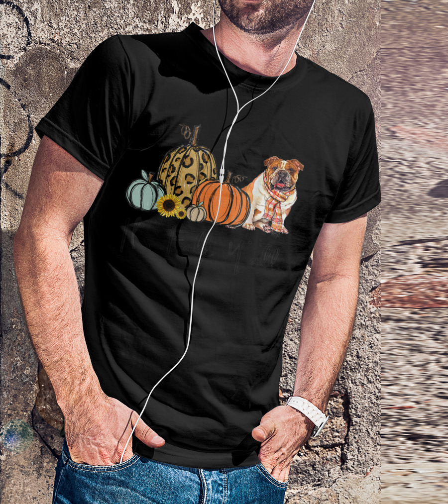 Its Fall Yall Bulldog With Leopard And Orange Pumpkins T-Shirt