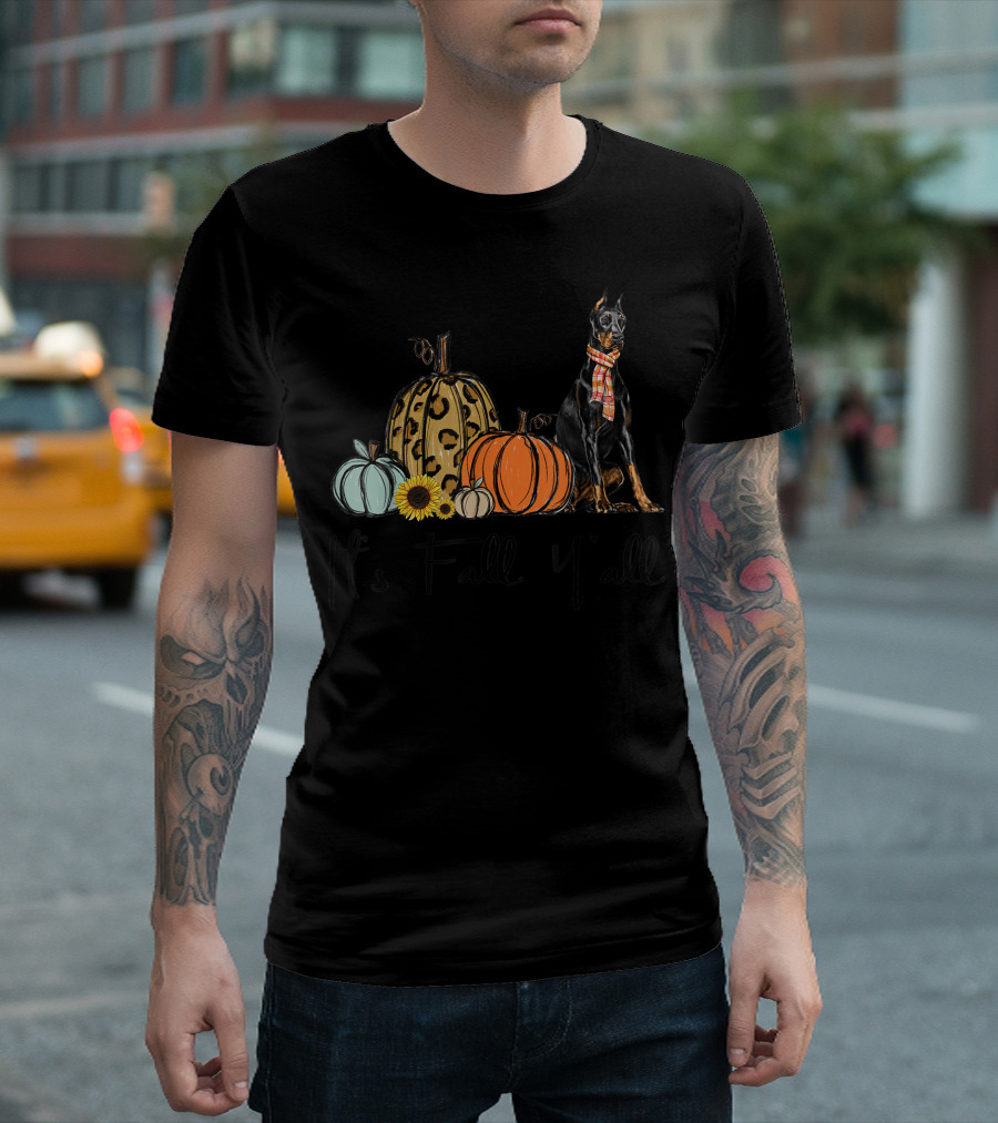 It's Fall Y'all Yellow Leopard Pumpkin Doberman Pinscher Dog T-Shirt