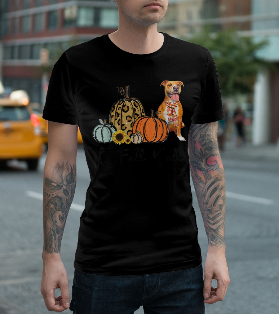 Its Fall Yall Leopard Pumpkin Yellow Pitbull Dog Autumn Decor T-Shirt