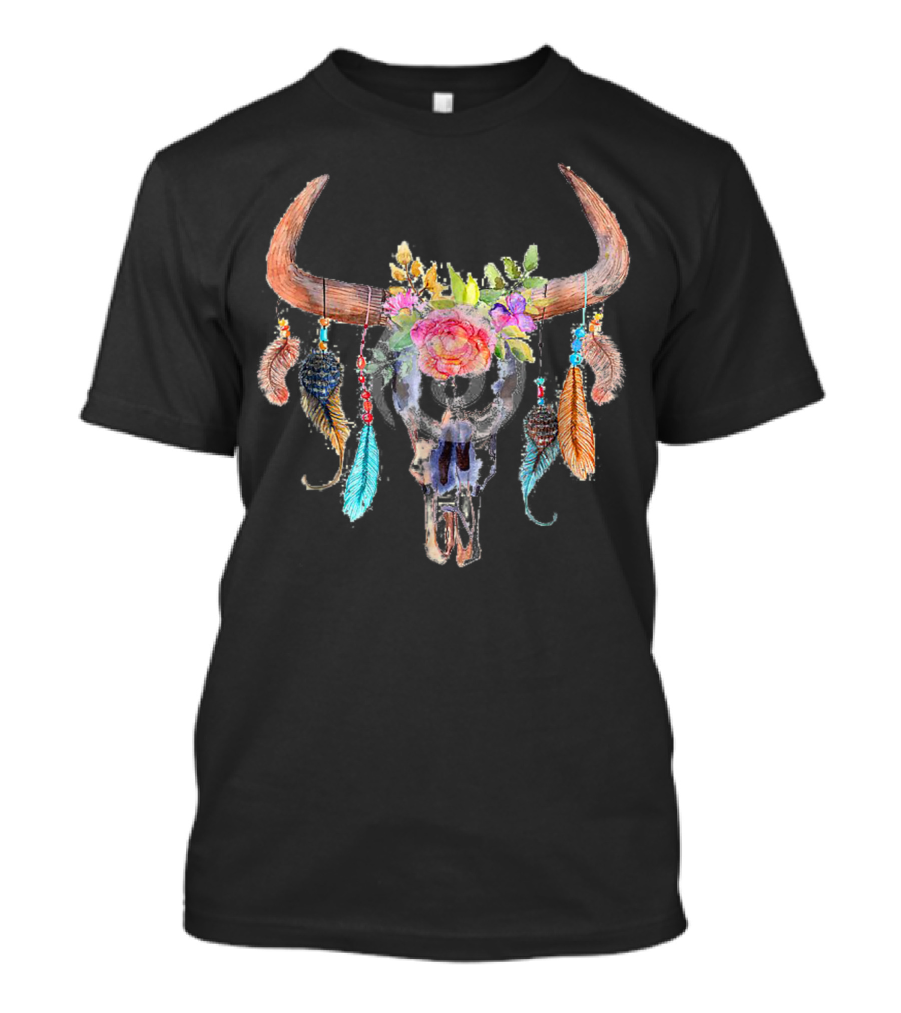 Lovely Watercolor Cow Skull With Flowers Feathers Boho T-Shirt