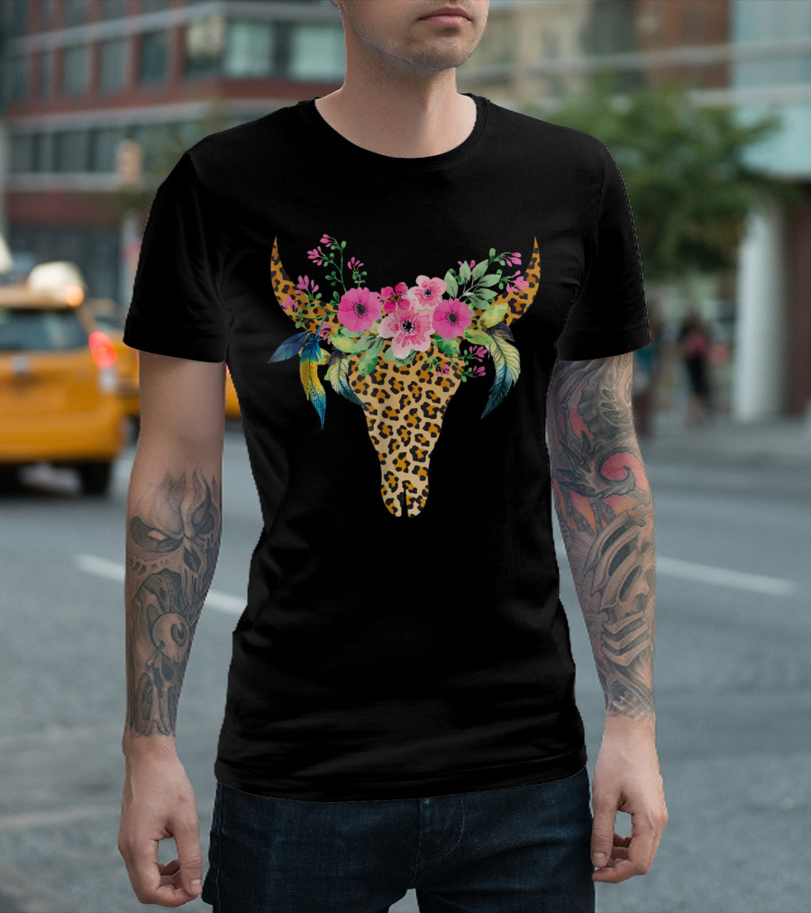 Mothers Day Leopard Bull Skull with Floral Crown and Feathers T-Shirt