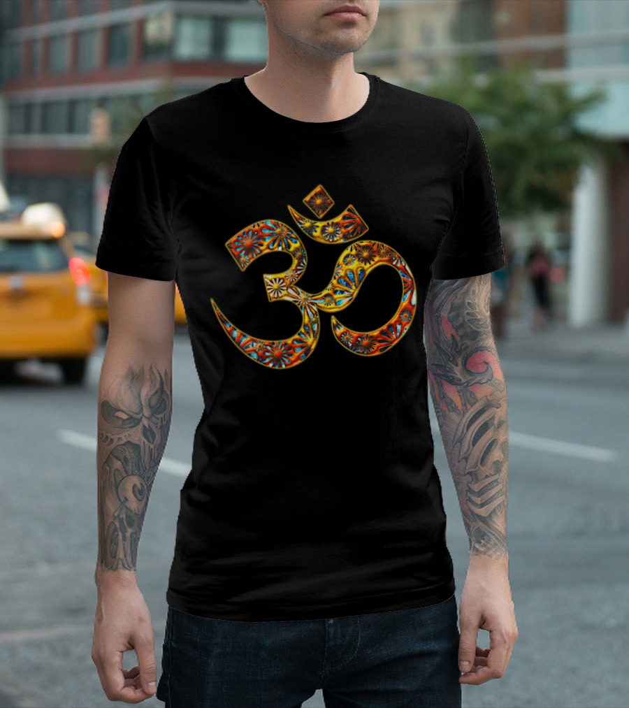 Om Mantra Symbol with Colorful Flower Patterns Buddhism Yoga T-Shirt