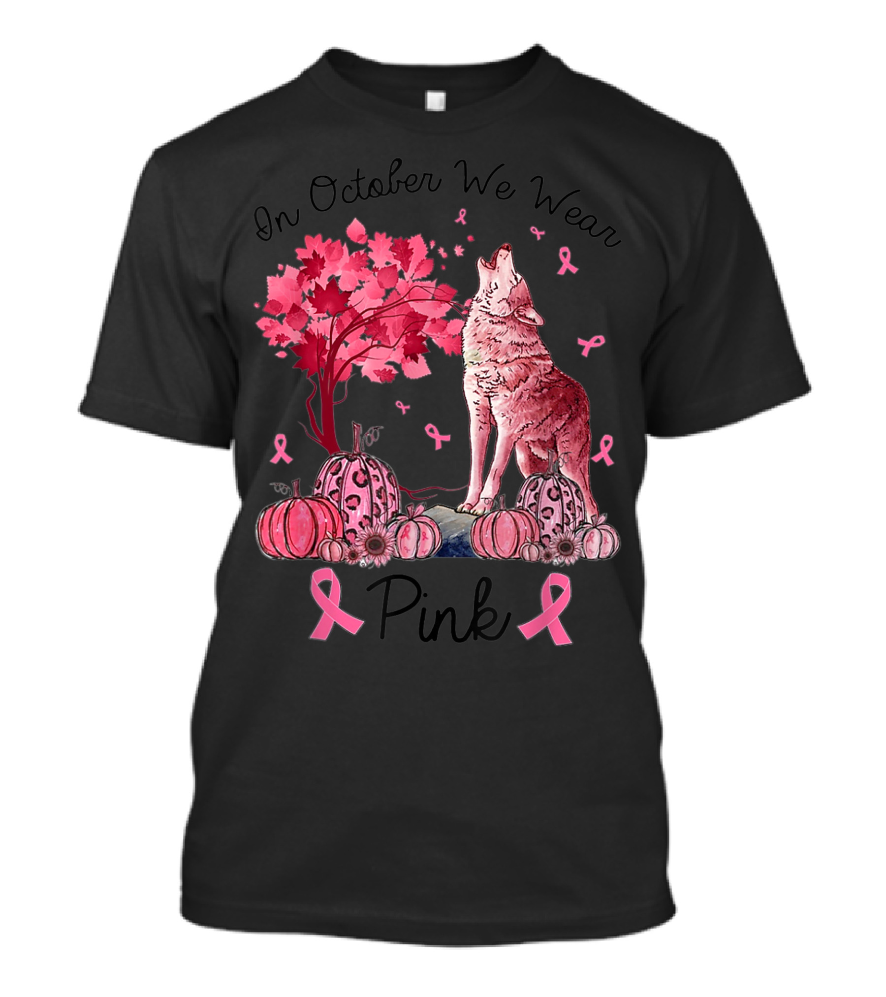 In October We Wear Pink Wolf Ribbon Pumpkins Autumn Breast Cancer Awareness T-Shirt