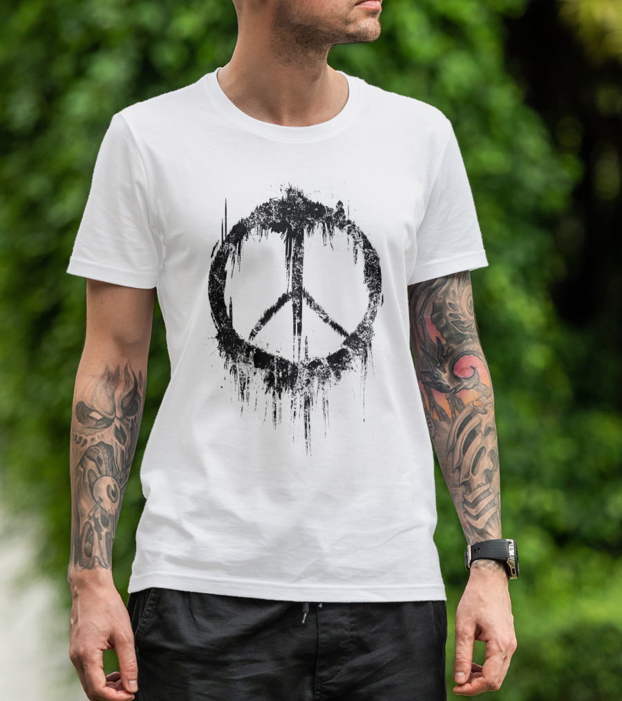 Peace Sign Drip 60s 70s Hippie Style White Paint T-Shirt