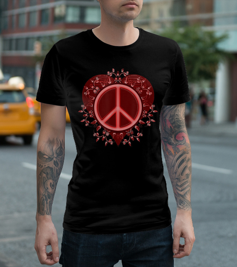 Peace Sign with Red Distressed Heart and Floral Accents T-Shirt