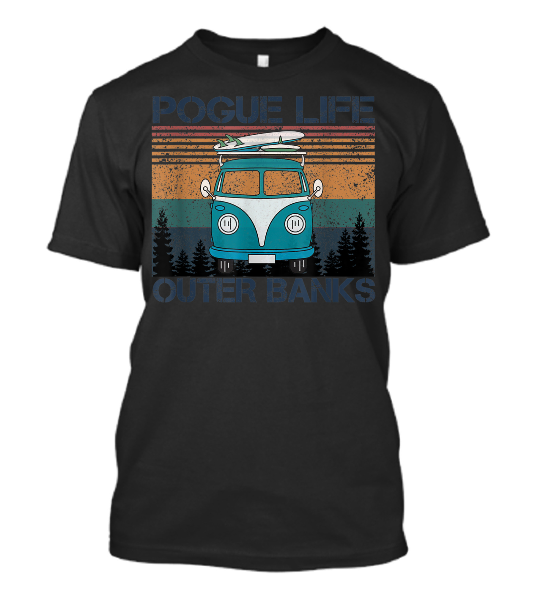 Pogue Life Outer Banks Vintage Van With Surfboards And Sunset Stripes T-Shirt