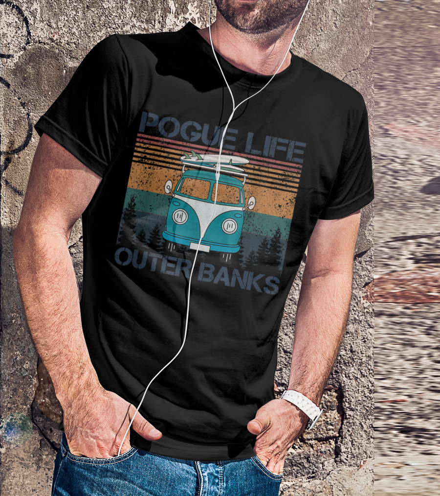 Pogue Life Outer Banks Vintage Van With Surfboards And Sunset Stripes T-Shirt