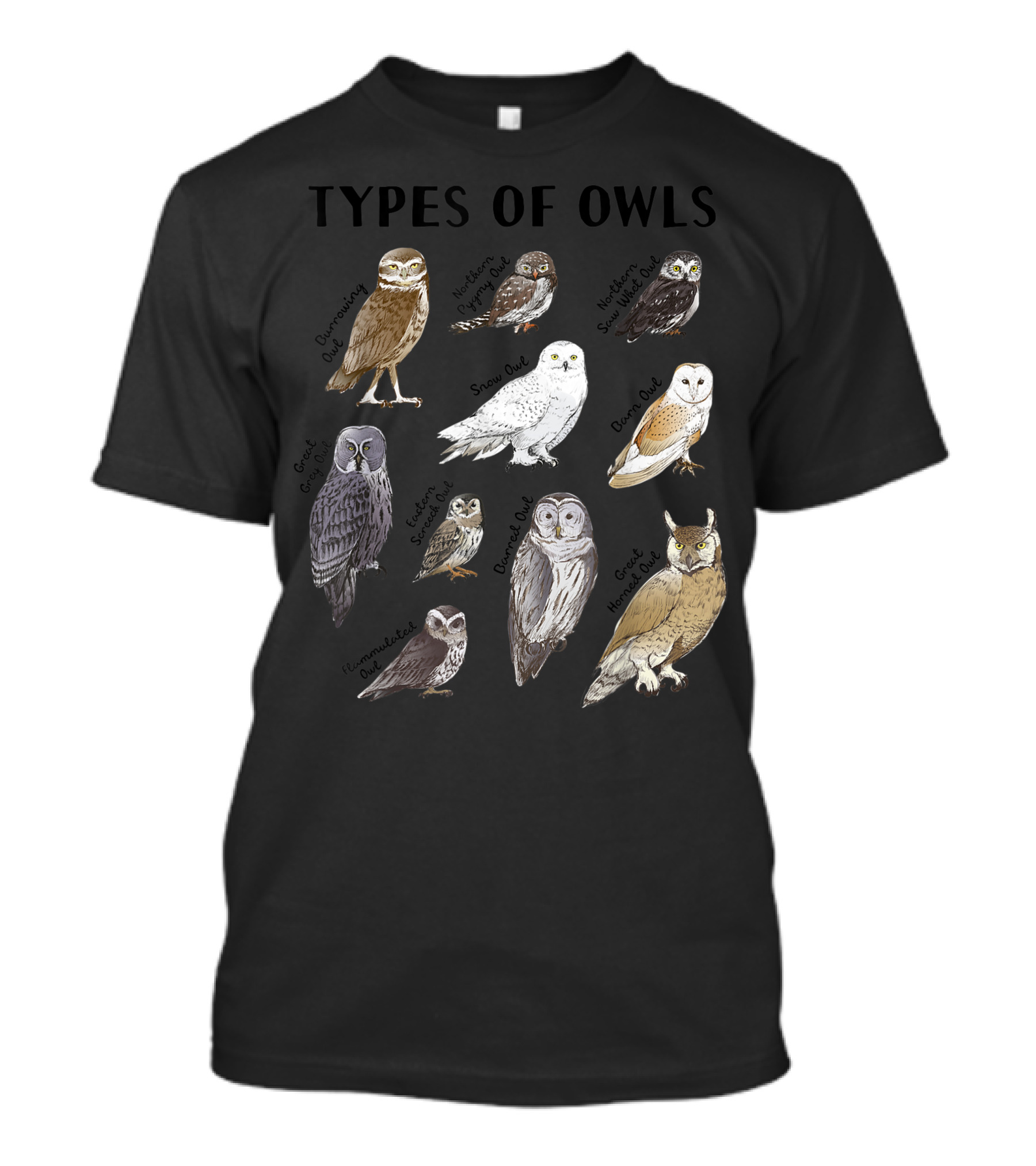 Types Of Owls Great Gray Owl Barn Owl Owl Lover Collection Educational Cute Snowy Owl Northern Hawk Owl T-Shirt