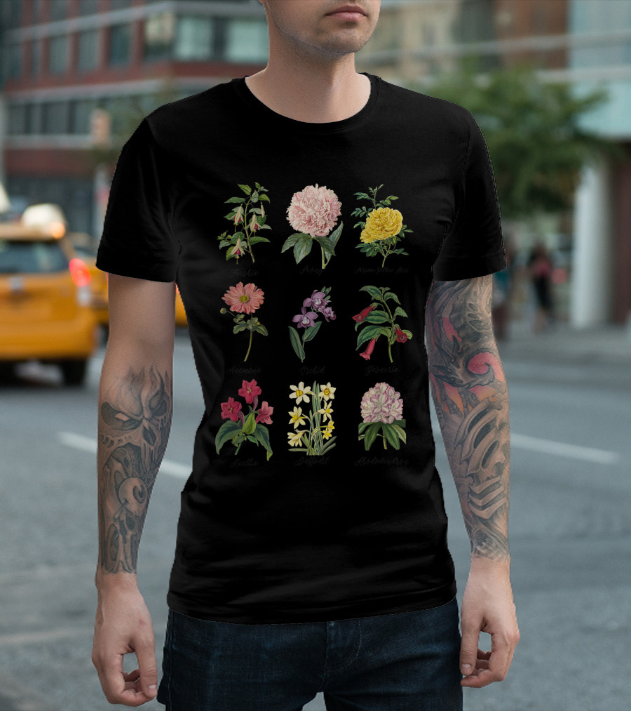Vintage Botanical Floral Flower Peony Dahlia Orchid Narcissus Rose T-Shirt