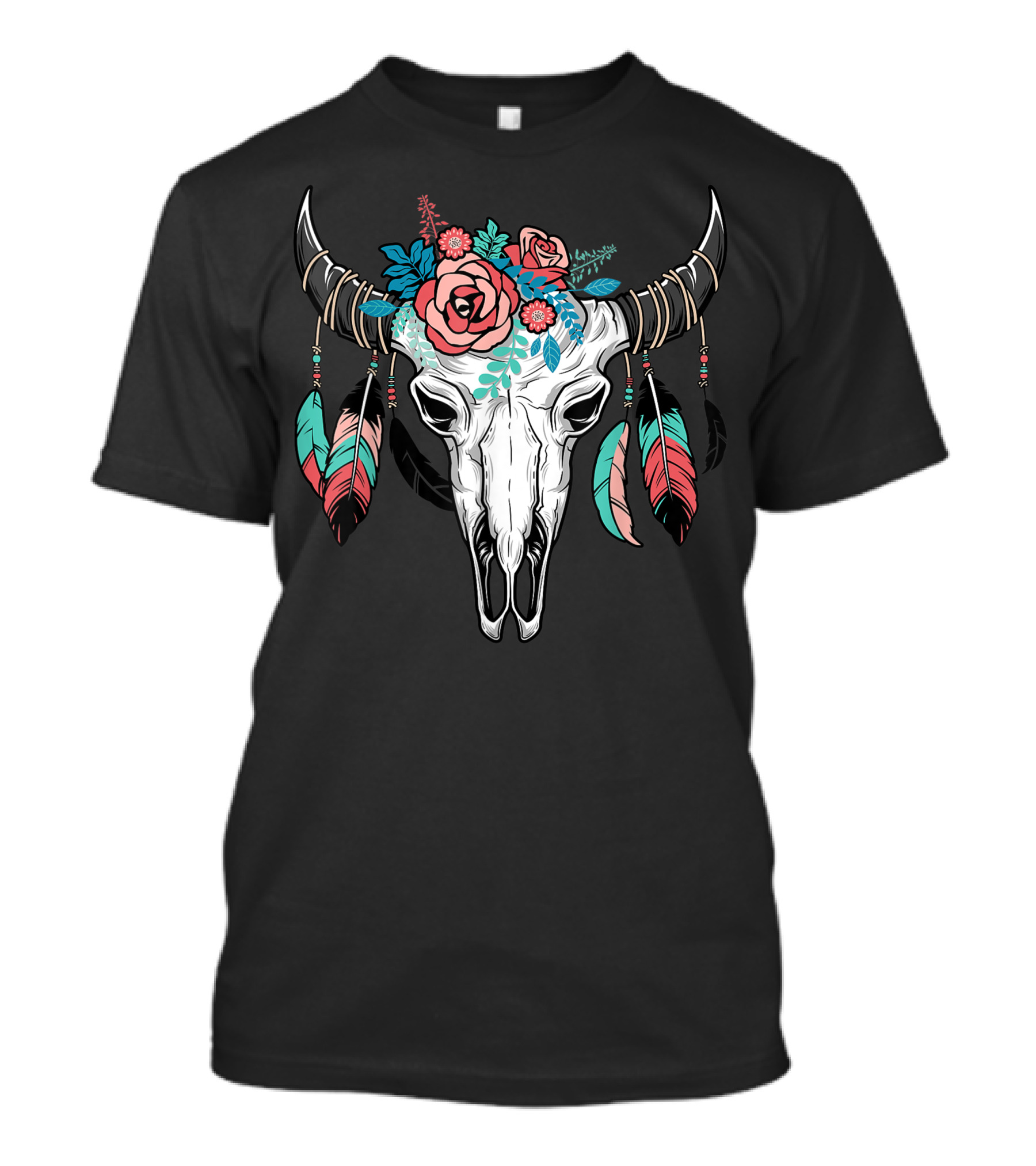 Women Indie Clothes Floral Cow Skull Vintage Aesthetic Feathers Roses T-Shirt