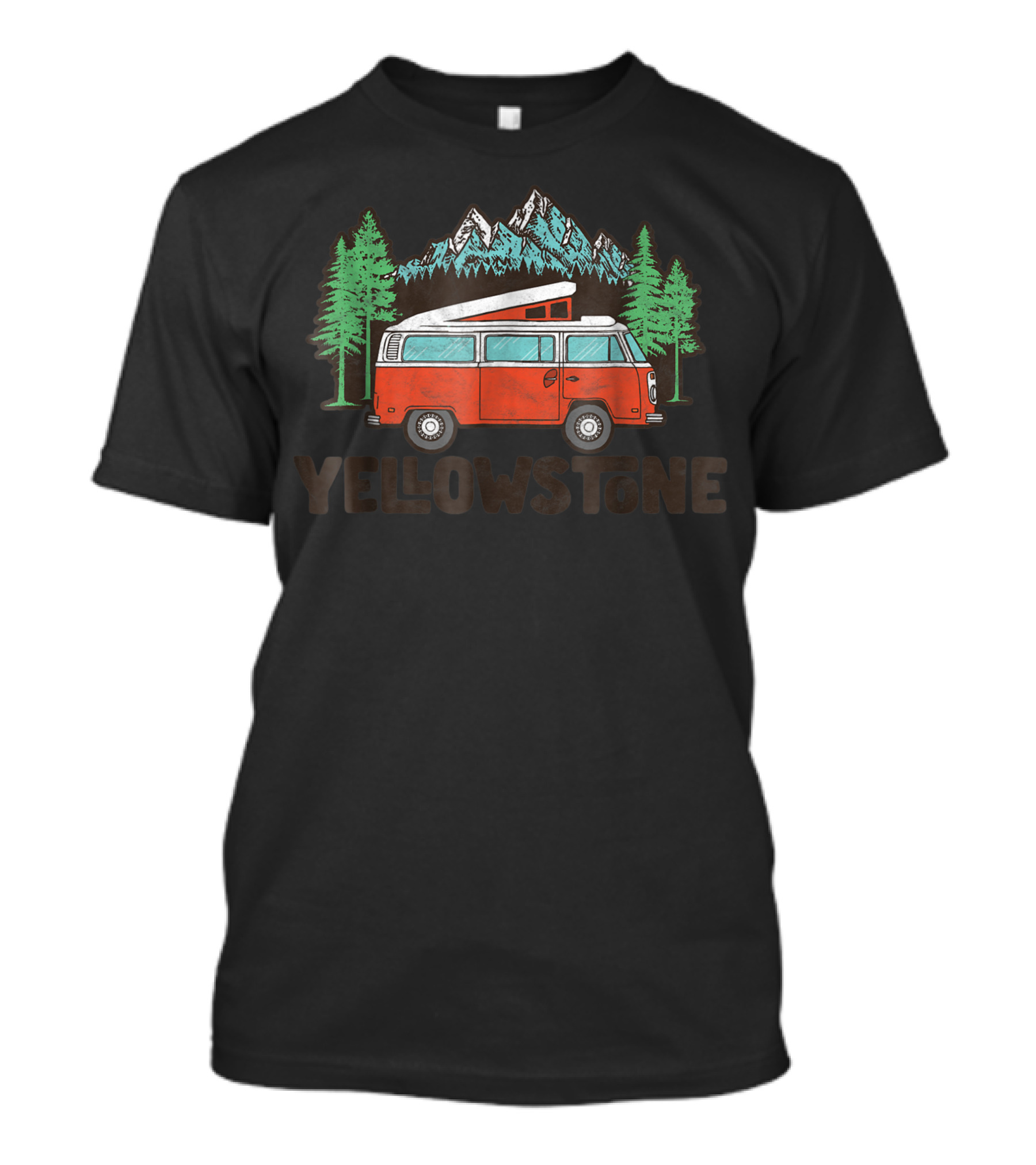 Yellowstone Pop Top Camper Van With Mountains And Trees T-Shirt