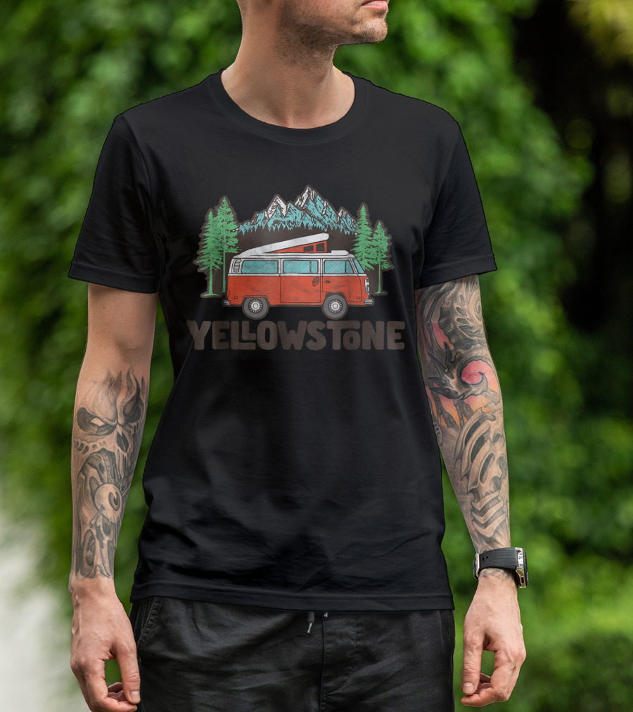 Yellowstone Pop Top Camper Van With Mountains And Trees T-Shirt