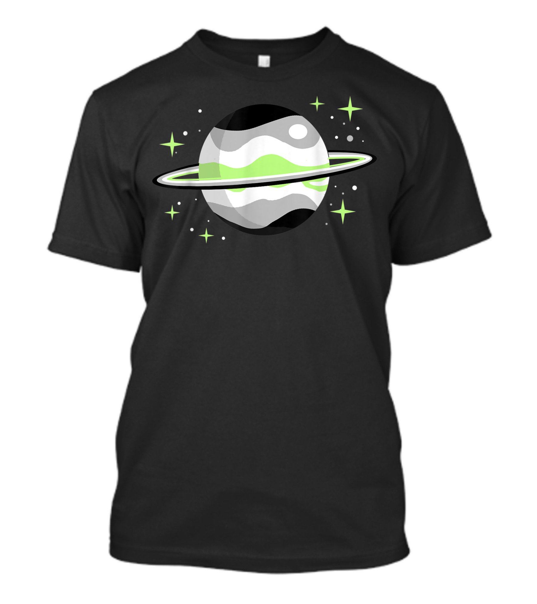 Agender Nonbinary Pride Planet With Green And White Outer Space Rings And Stars T-Shirt