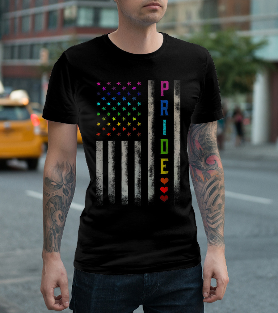 American Distressed Rainbow Stars Flag With Pride Hearts T-Shirt