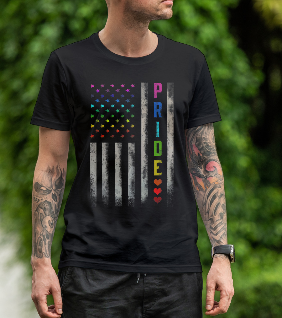 American Distressed Rainbow Stars Flag With Pride Hearts T-Shirt
