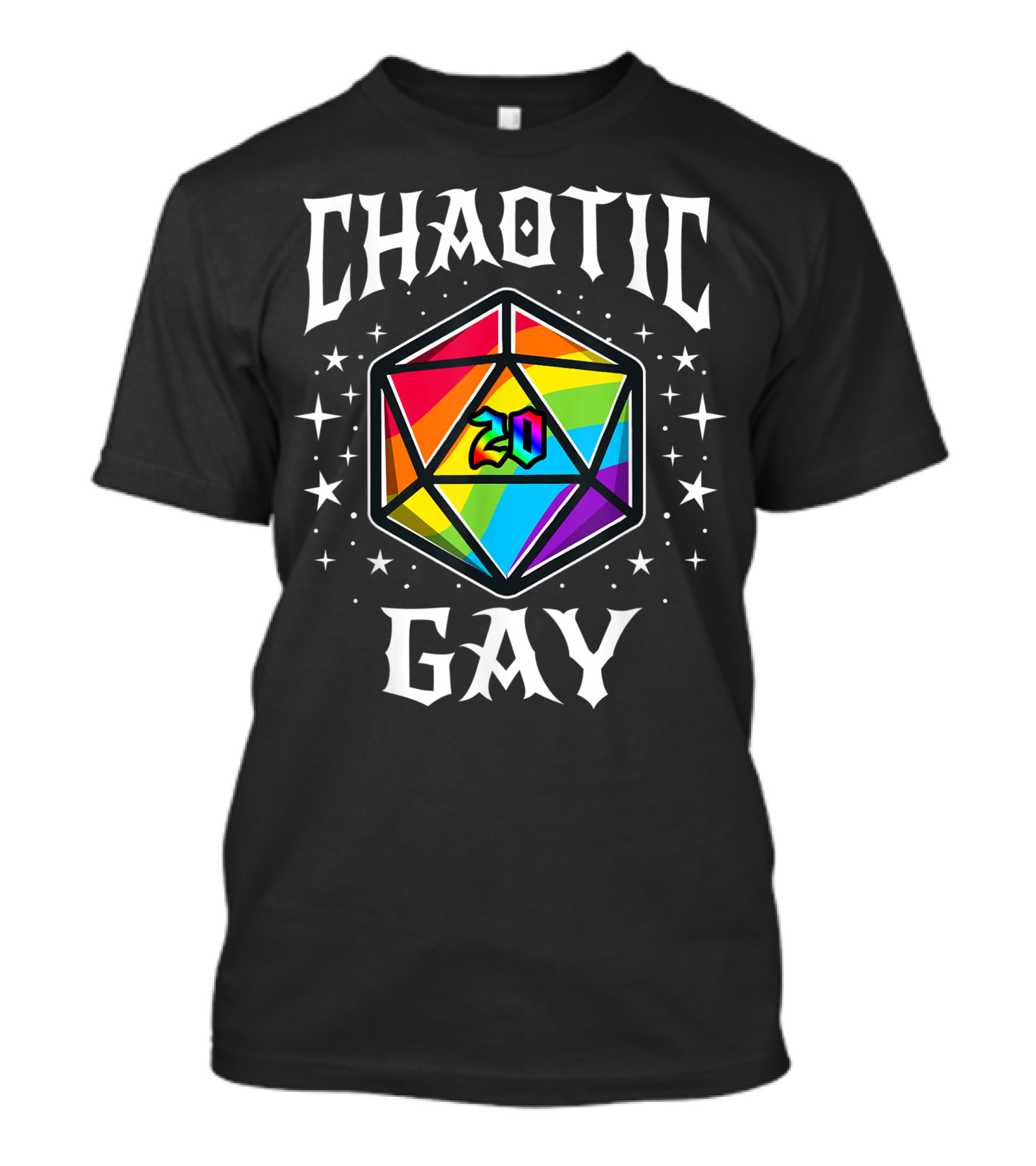 Chaotic Gay Rainbow D20 Dice With Stars T-Shirt