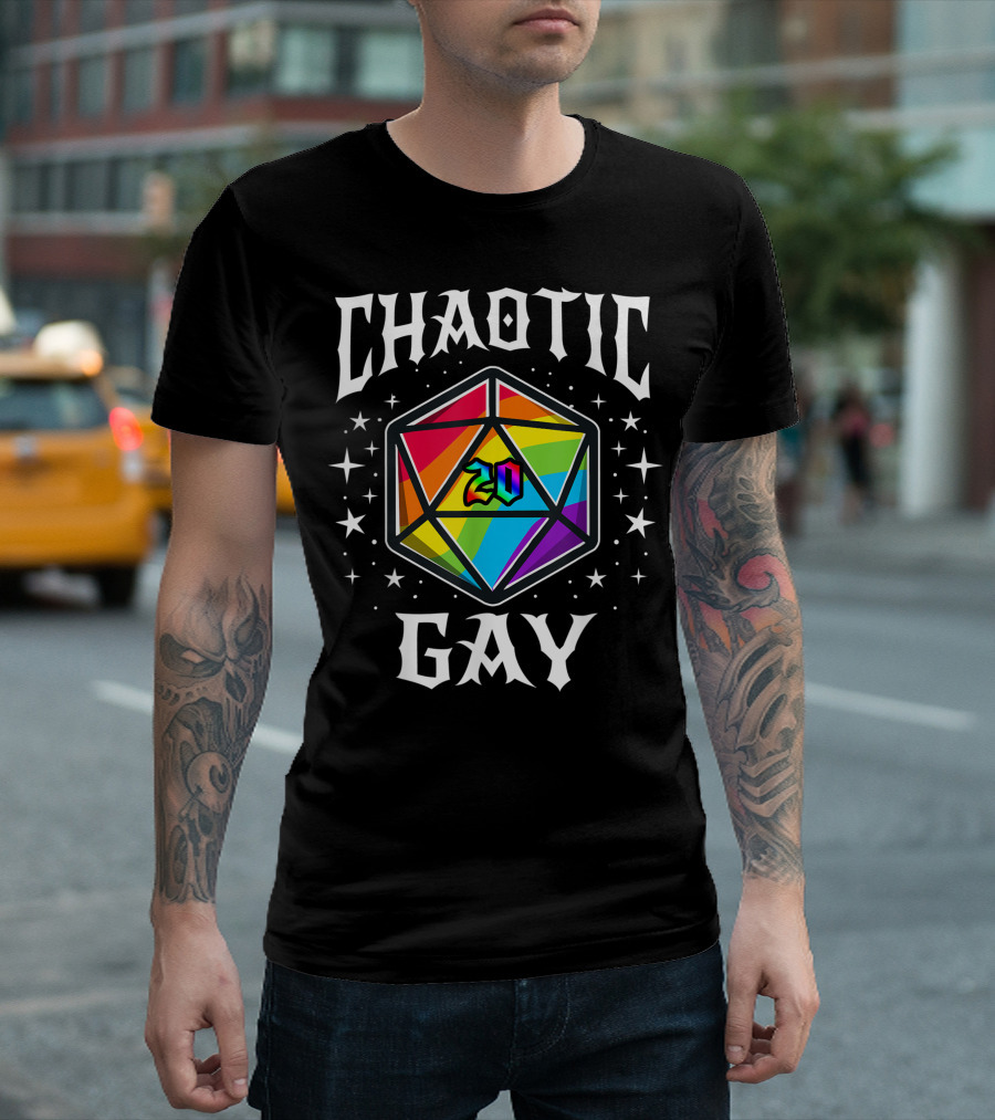 Chaotic Gay Rainbow D20 Dice With Stars T-Shirt