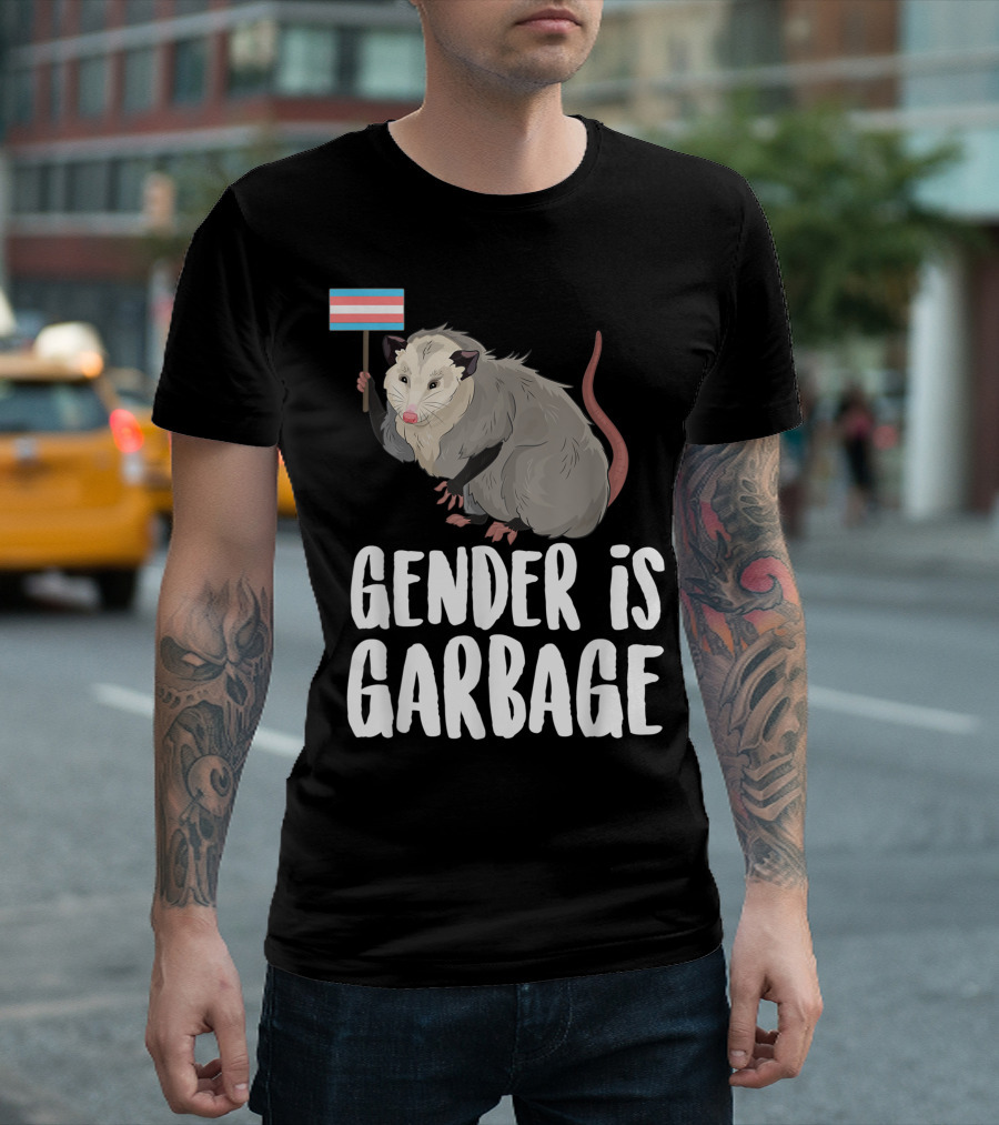 Gender Is Garbage Opossum Holding Transgender Pride Flag T-Shirt