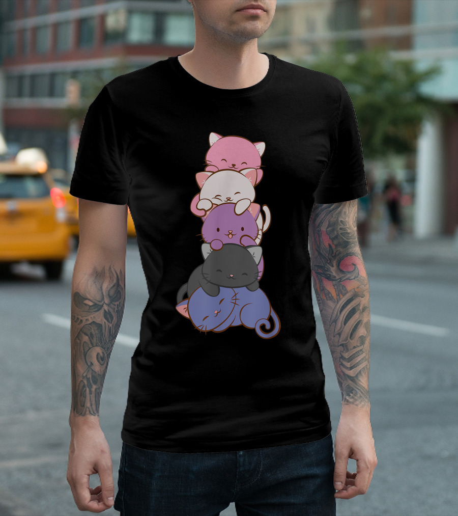 Genderfluid Pride Kawaii Cat Stack T-Shirt