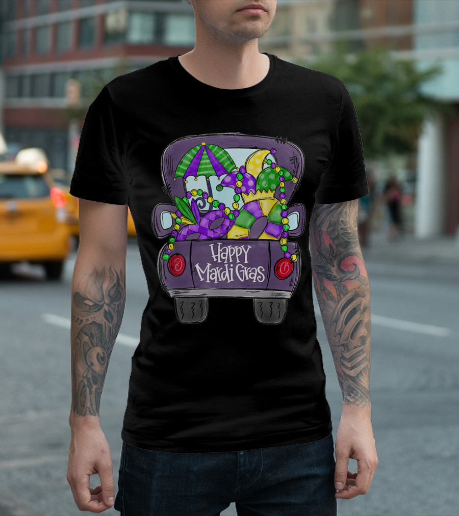 Happy Mardi Gras Party Bus Celebration with Beads and Jester Hat T-Shirt