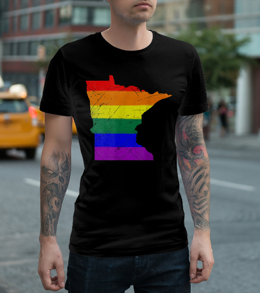 Minnesota State Map with Rainbow Pride Flag Stripes T-Shirt