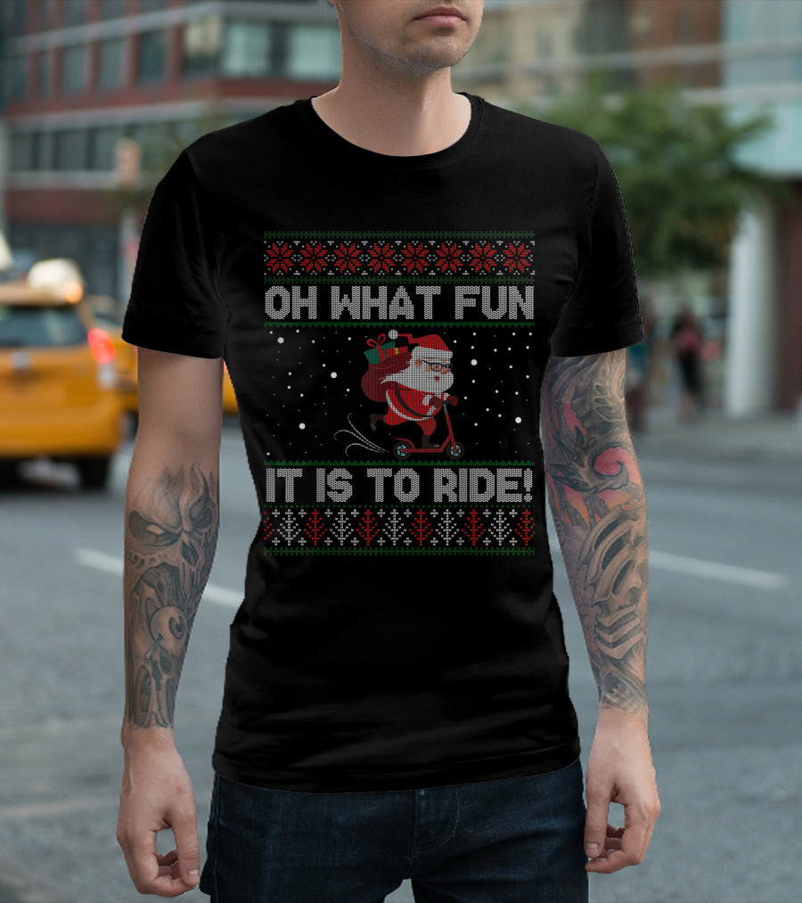 Oh What Fun It Is To Ride Santa on Christmas Scooter Snowflakes T-Shirt