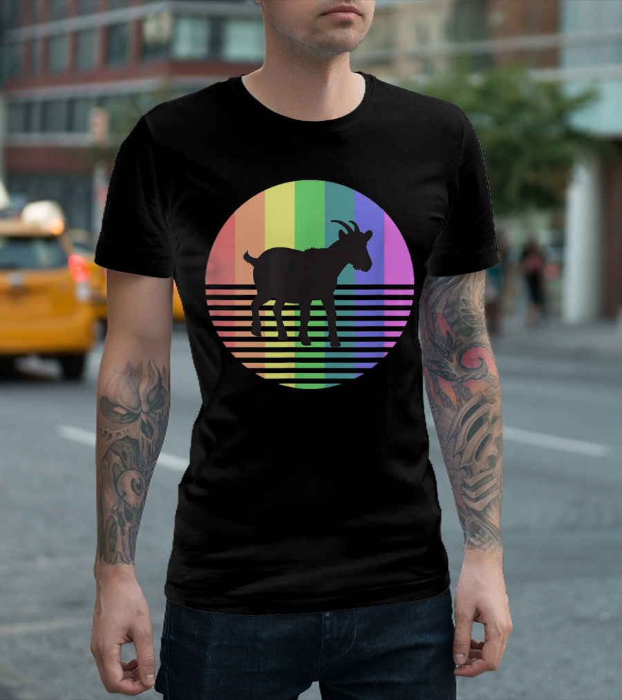 Retro 80s Rainbow Silhouette Goat Gay Pride Vintage Farm Animal T-Shirt