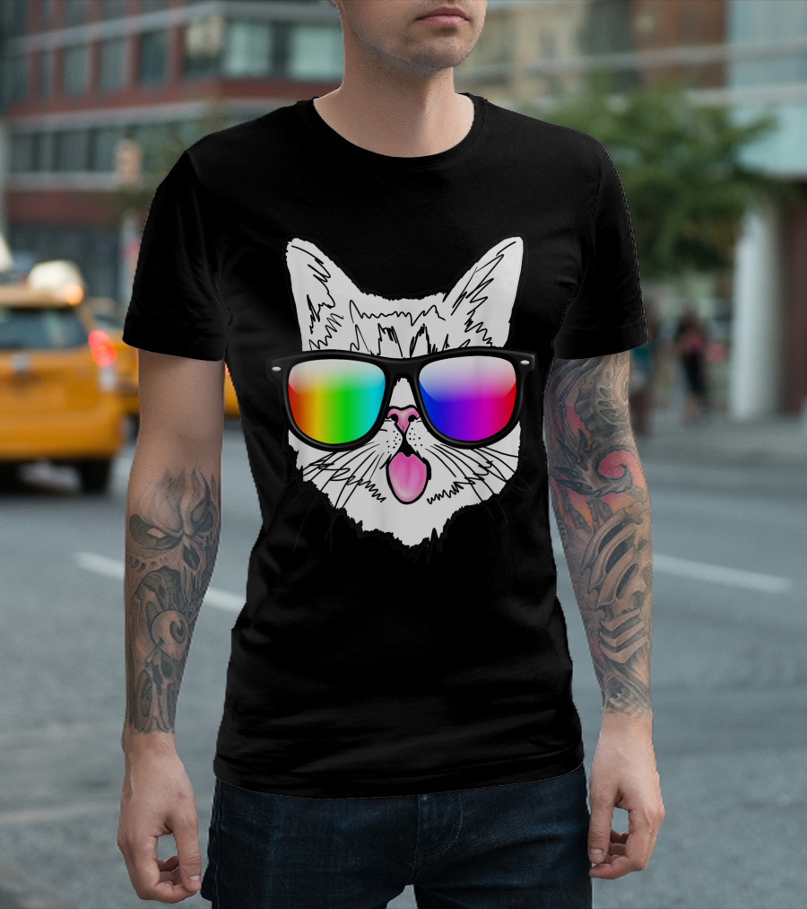 Silly Cute Cat Face Tongue Out Sunglasses Rainbow T-Shirt