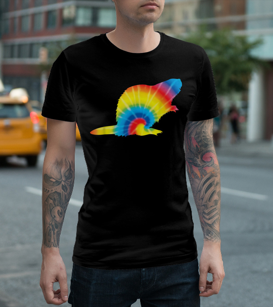 Rainbow Tie Dye Beaver Silhouette Rodent Print T-Shirt