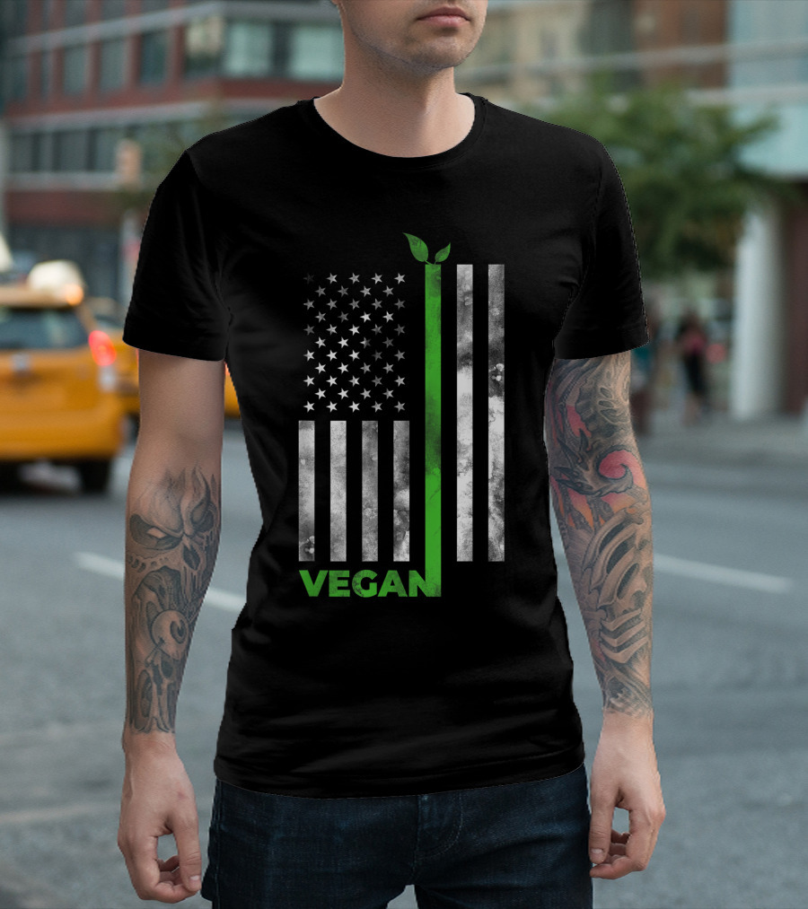 Vegan American Flag With Green Plant Stripe For USA Vegetarian Farming T-Shirt