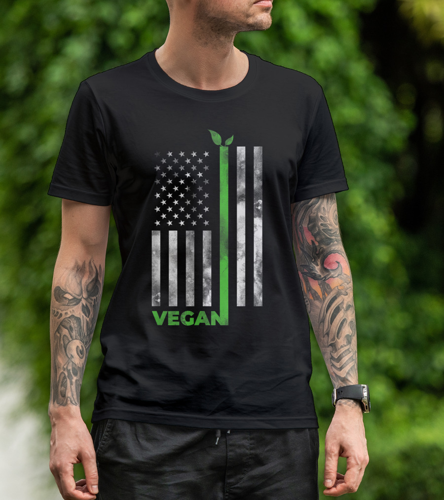Vegan American Flag With Green Plant Stripe For USA Vegetarian Farming T-Shirt
