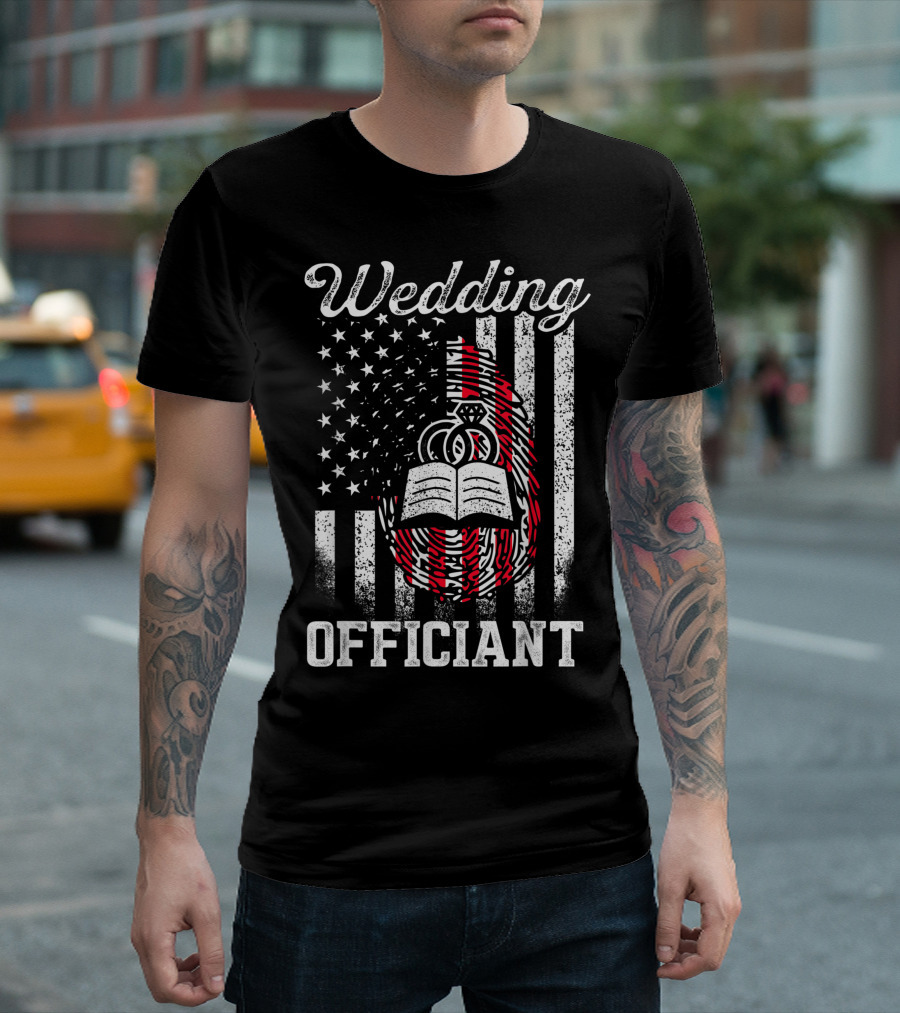 Wedding Officiant American Flag Rings Bible T-Shirt