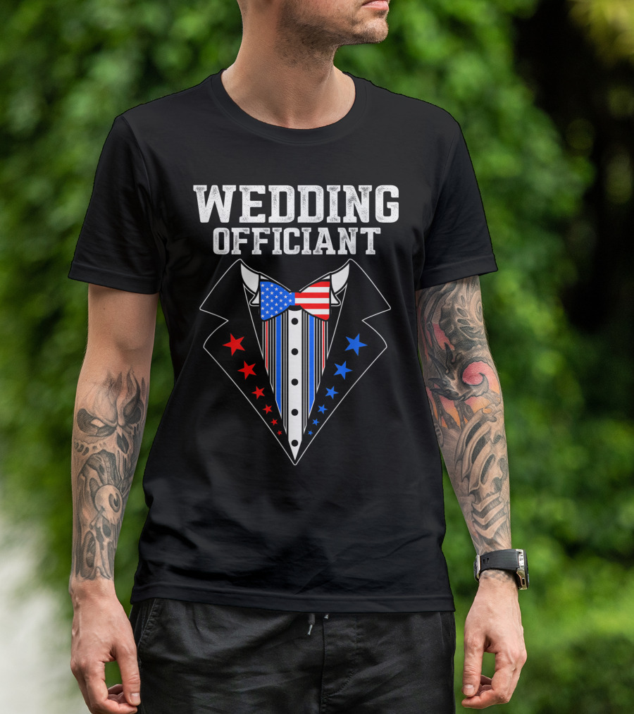 Wedding Officiant American Flag Bow Tie Tuxedo T-Shirt