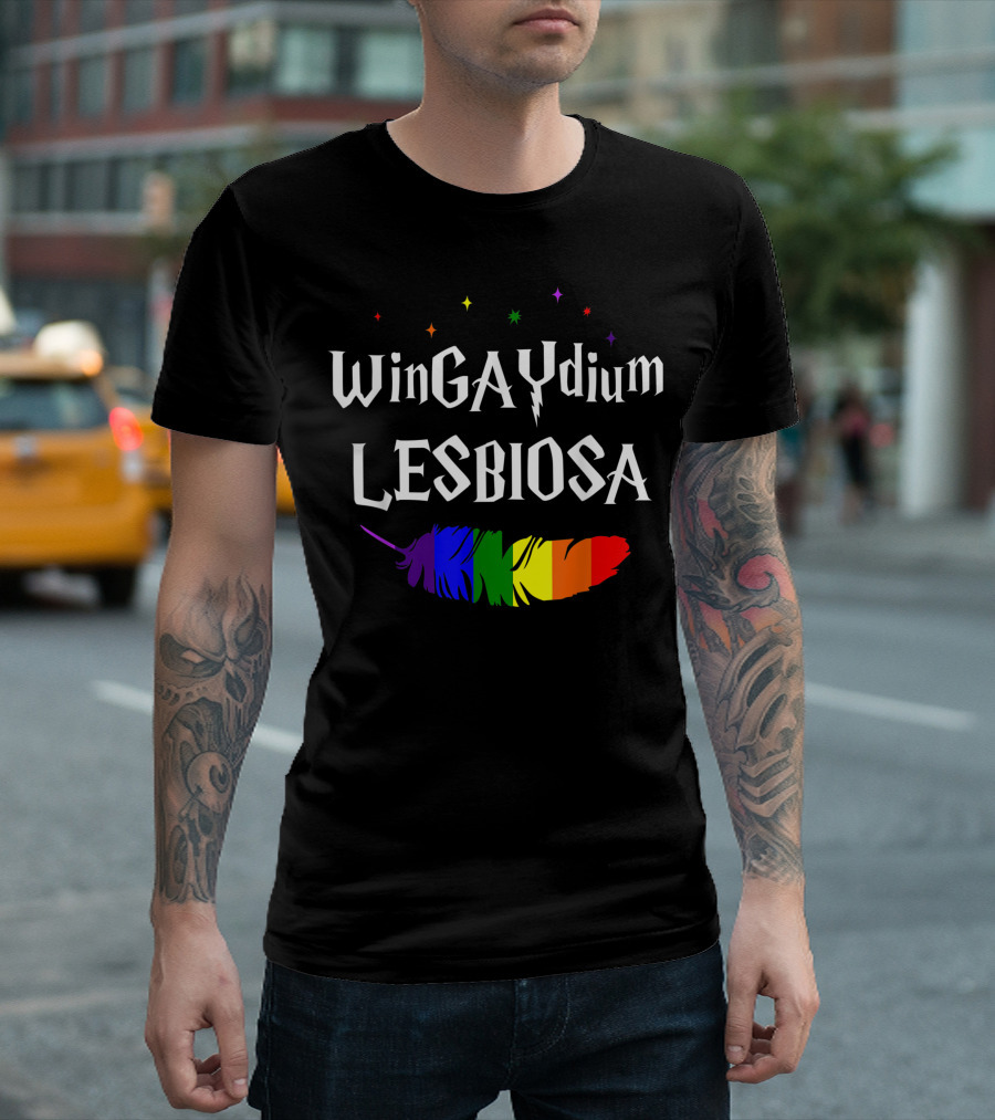 Wingaydium Lesbiosa Gay Rainbow Feather Magic Stars T-Shirt