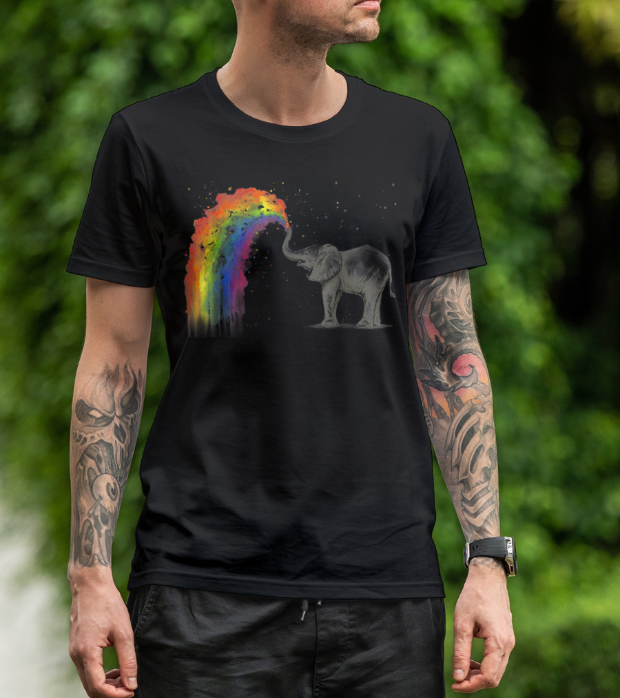 Elephant Spraying Rainbow Baby Elephant Watercolor I9 Colorful Fantasy Animals T-Shirt